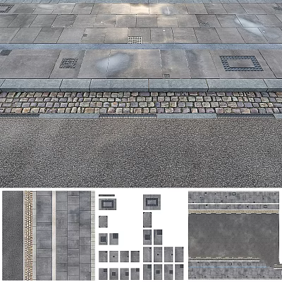 Pavement Design With Stone Slabs Cobblestone Curb And Different Pattern Samples 3d model