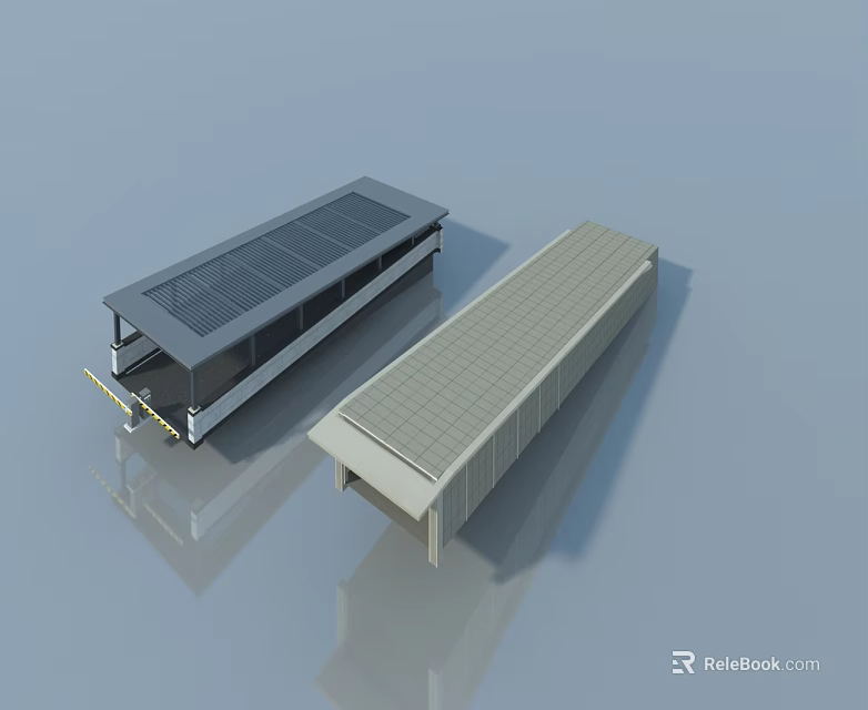 Long Warehouse Building Exterior Featuring Modern Swing Door And Metal Roof 3d model 