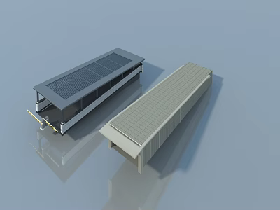 Long Warehouse Building Exterior Featuring Modern Swing Door And Metal Roof 3d model