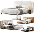 Modern Double Bed With Upholstered Headboard Pillows Blanket And Wooden Nightstand