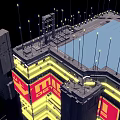 Futuristic Architecture Featuring Tall Buildings Complex Geometric Structures Large Screens Yellow Lights And Water Reflections