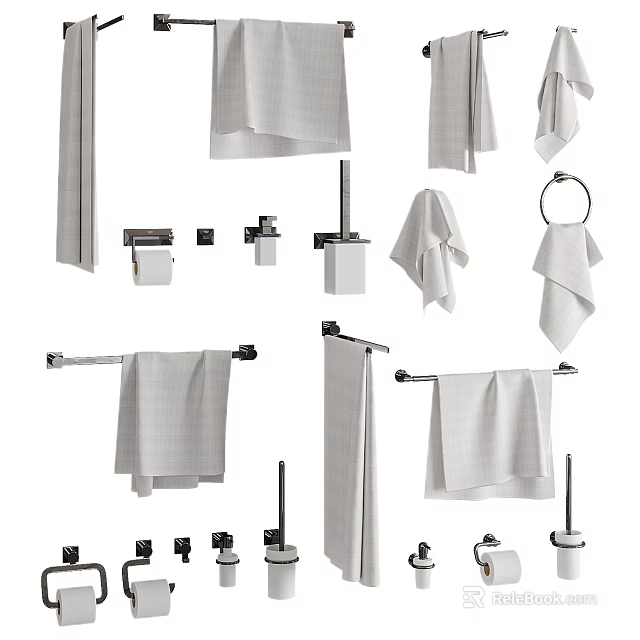 Various Soft Towels with Bathroom Racks Rings Hooks and Hanging Accessories 3d model 