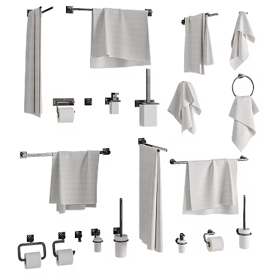 Various Soft Towels with Bathroom Racks Rings Hooks and Hanging Accessories 3d model