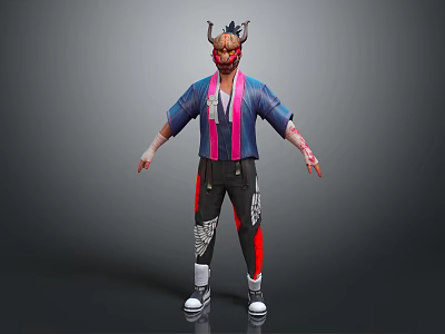 Horned Demon Character In Blue Pink Kimono Style Outfit With Clawed Hands Black Pants 3d model