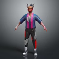 Horned Demon Character In Blue Pink Kimono Style Outfit With Clawed Hands Black Pants