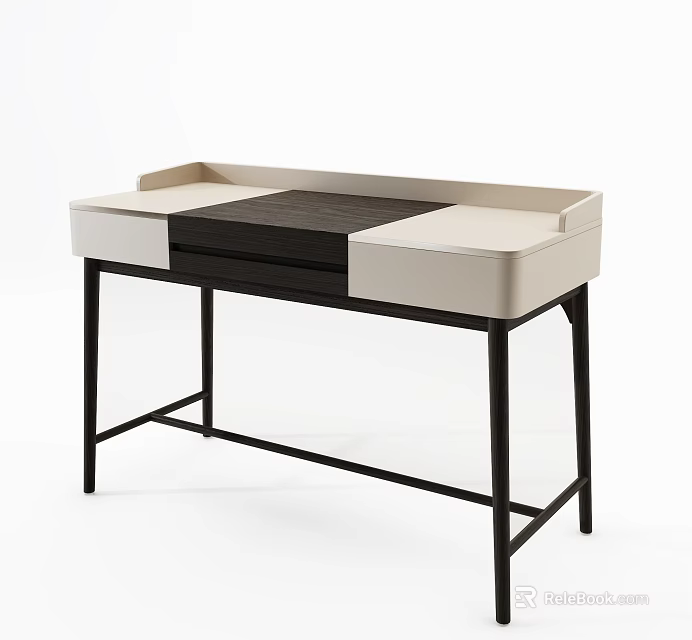 Modern Dressing Table With Dark Wooden Top Beige Storage And Black Metal Legs 3d model 