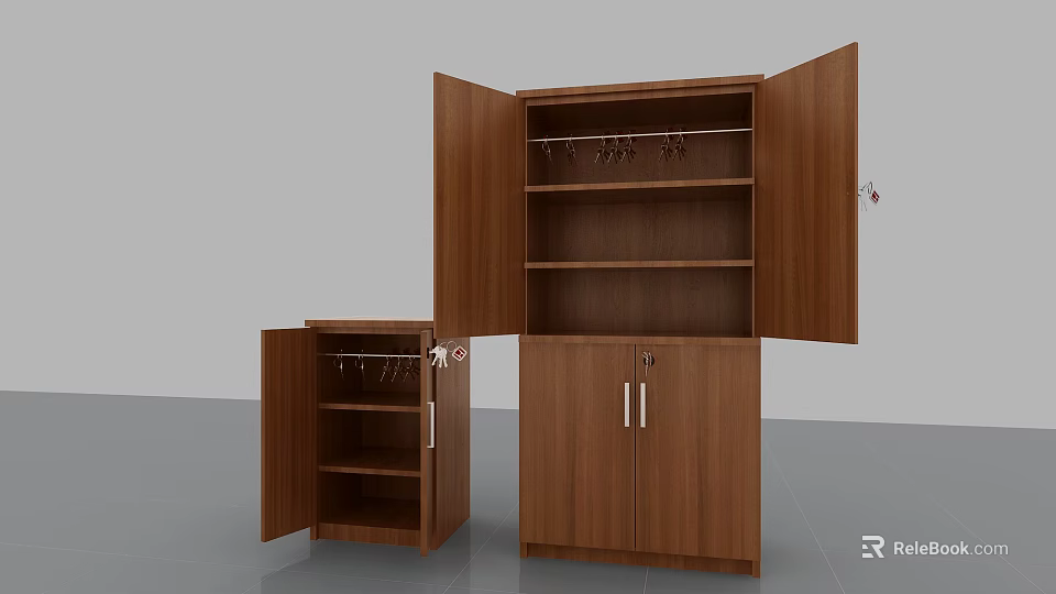 Brown Wooden Bookcase with Open Doors Shelves Hanging Rods and Two Units 3d model 