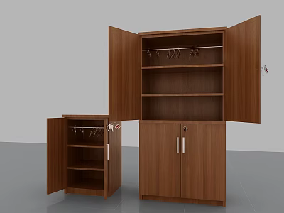 Brown Wooden Bookcase with Open Doors Shelves Hanging Rods and Two Units 3d model