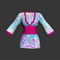 Colorful Kimono Style Dress With Floral Pattern Pink Belt And Wide Sleeves