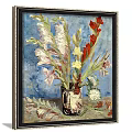Botanical Painting With Vase Of Red Yellow Pink White Flowers On Blue Background Framed