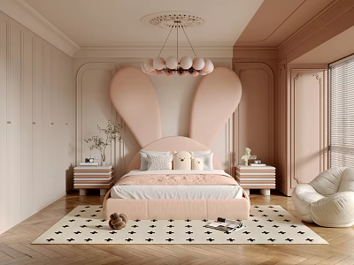 Adorable Kids Room Interior With Pink Rabbit Ear Headboard Checkerboard Rug And Stuffed Toys 3d model
