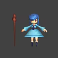 3D Game Movie Character With Blue Hair Blue Dress Tie And Staff