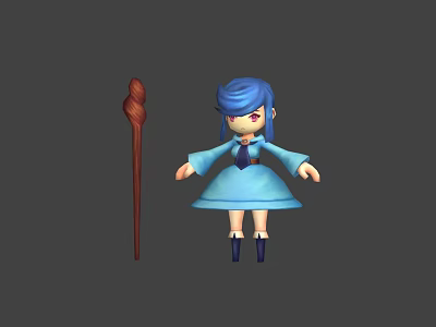 3D Game Movie Character With Blue Hair Blue Dress Tie And Staff 3d model