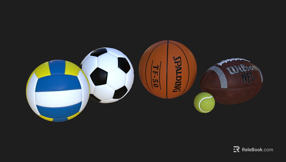 Various Sports Equipment Collection Featuring Volleyball Soccer Ball Basketball Rugby Ball and Tennis Ball 3d model 