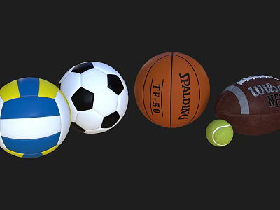 Various Sports Equipment Collection Featuring Volleyball Soccer Ball Basketball Rugby Ball and Tennis Ball 3d model