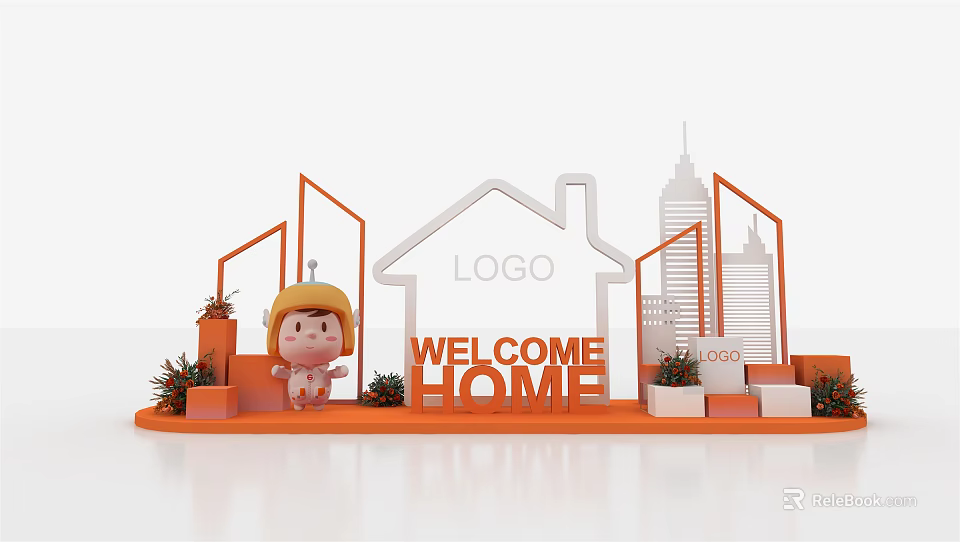 Welcome Home Themed Display With Cartoon Character Orange Structure And Building Models 3d model 