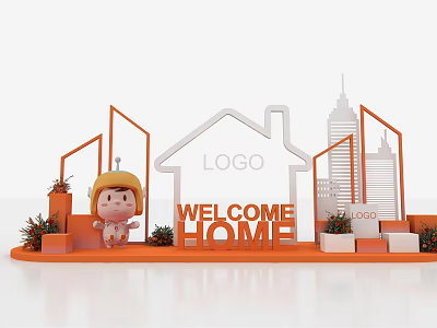 Welcome Home Themed Display With Cartoon Character Orange Structure And Building Models 3d model