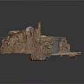 Rocky Terrain Model With Elevated Platforms And Architectural Structures Featuring Green Vegetation