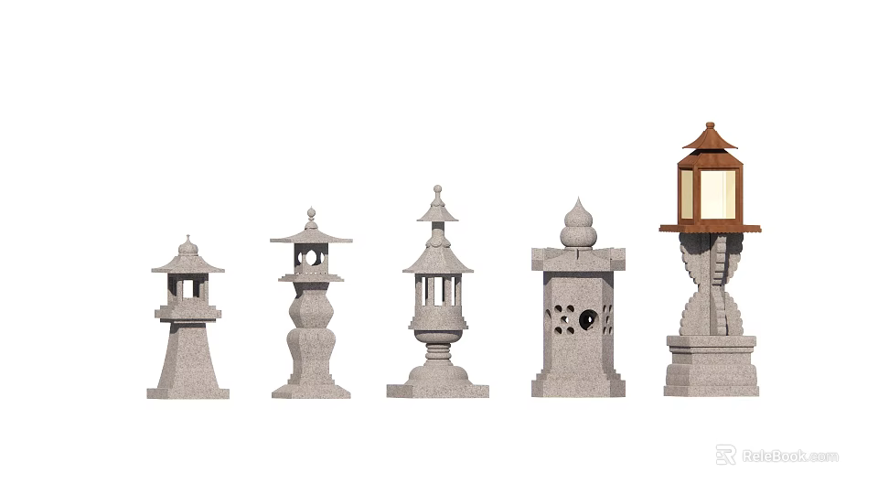 Traditional Japanese Style Outdoor Lanterns With Various Stone Designs And Decorative Tops 3d model 
