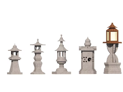 Traditional Japanese Style Outdoor Lanterns With Various Stone Designs And Decorative Tops 3d model