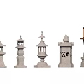 Traditional Japanese Style Outdoor Lanterns With Various Stone Designs And Decorative Tops