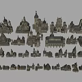 Medieval European City Architecture With Spires Towers Stone Rooftops And Arched Windows