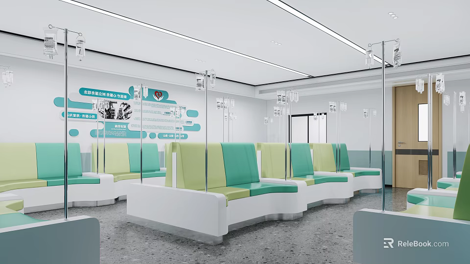 Modern Medical Infusion Room With Green White Seats Transparent Partitions And Infusion Stands 3d model 
