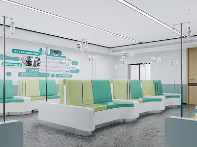 Modern Medical Infusion Room With Green White Seats Transparent Partitions And Infusion Stands 3d model