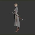 Fantasy Female Character in Silver Red Armor with Long Hair Standing on Gray Background