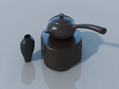 Wooden Roman Column Base With Black Teapot And Vase On Blue Background 3d model