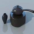 Wooden Roman Column Base With Black Teapot And Vase On Blue Background