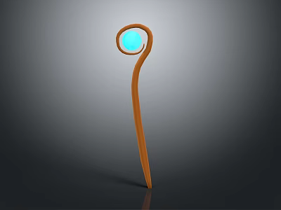 Artistic Curved Wooden Weapon with Long Pole and Blue Glowing Circular Top 3d model