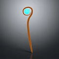 Artistic Curved Wooden Weapon with Long Pole and Blue Glowing Circular Top