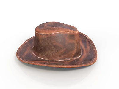 Vintage Brown Leather Cowboy Hat With Wide Brim And Stitched Design 3d model