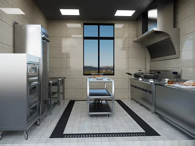 Commercial Restaurant Kitchen Featuring Stainless Steel Equipment Range Hood Window And Tile Floor 3d model