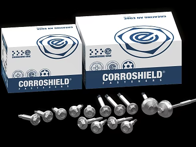 CORROSHIELD Metal Fasteners Bolts And Screws With Packaging Boxes On Black Background 3d model