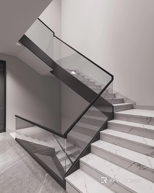 Modern Staircase Design With Glass Railing Marble Steps And Black Metal Frame 3d model 