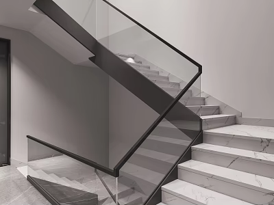Modern Staircase Design With Glass Railing Marble Steps And Black Metal Frame 3d model