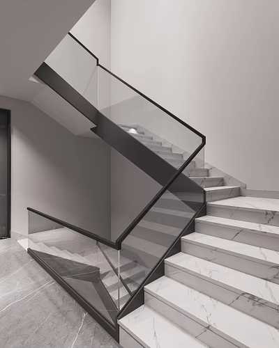 Modern Staircase Design With Glass Railing Marble Steps And Black Metal Frame 3d model