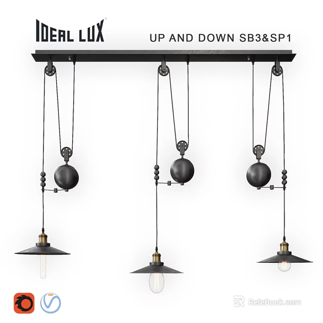 Industrial Style Black Metal Chandelier With Three Spherical Pendant Lights 3d model 