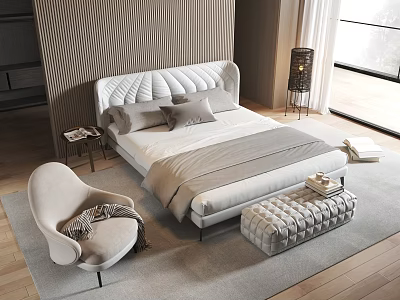Elegant Modern Bedroom Interior With White Upholstered Double Bed Gray Pillows And Light Gray Armchair 3d model