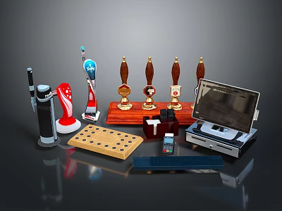 Assorted Bar Equipment Including Beer Tap Trophies TV Chessboard And Mobile Phone 3d model