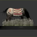 Grass Plants On Circular Base With Horse Grazing Wearing Colorful Blanket
