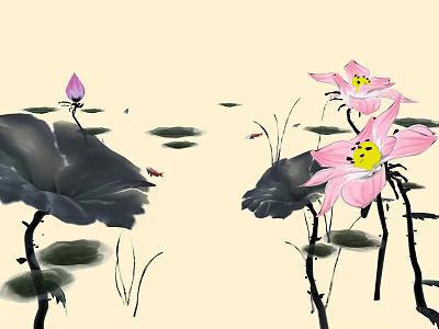Botanical Ink Painting of Lotus Flowers with Pink Blooms Green Leaves and Dragonfly 3d model