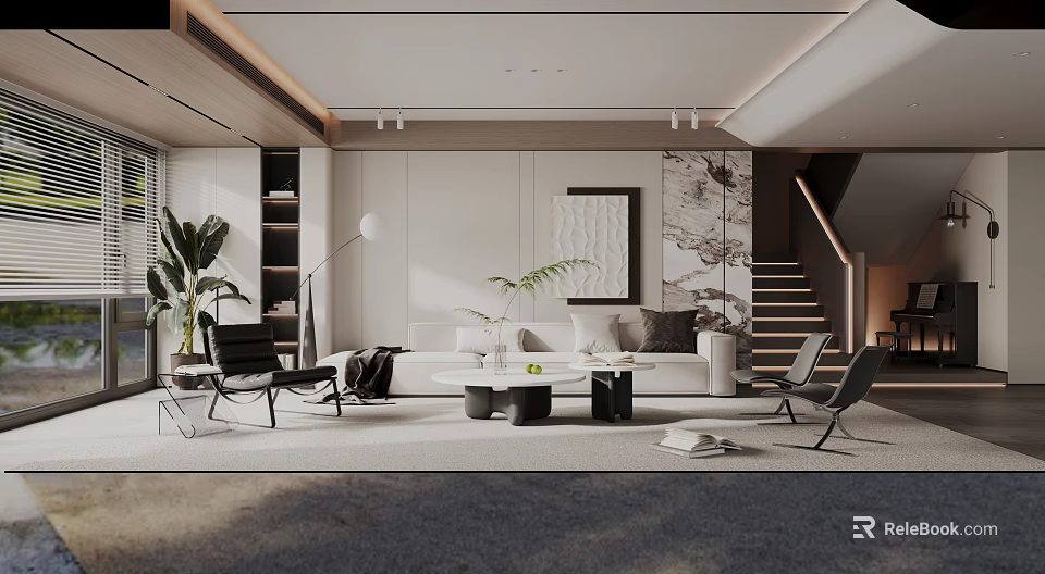 Modern Living Room Interior With White Sofa Black Chairs Coffee Tables Plants And Decorative Painting 3d model 
