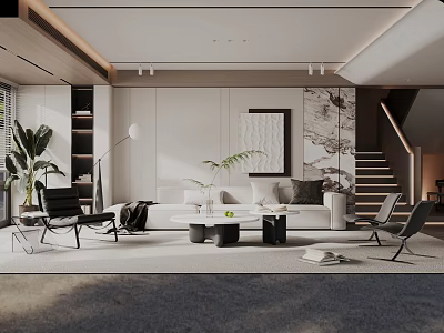 Modern Living Room Interior With White Sofa Black Chairs Coffee Tables Plants And Decorative Painting 3d model