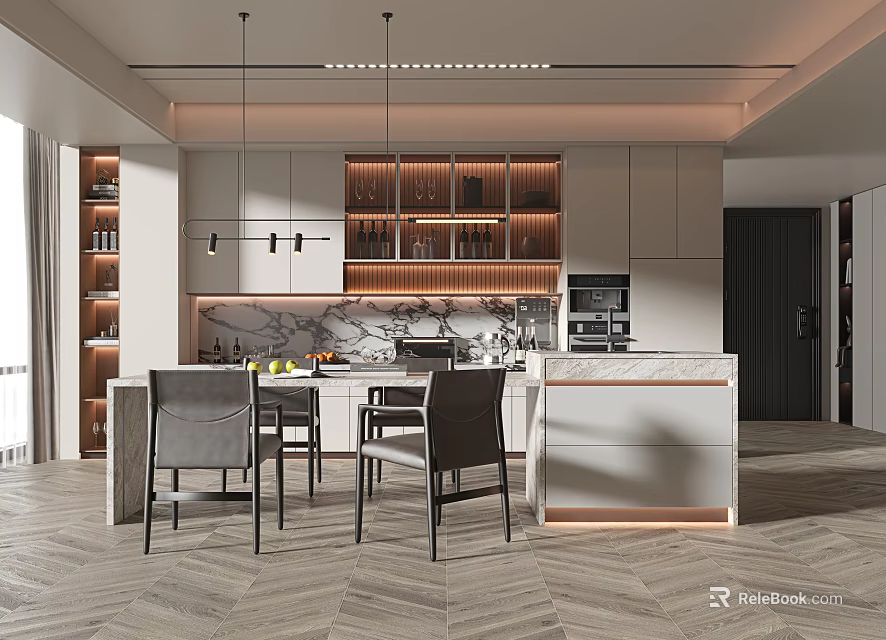 Modern Kitchen Interior Design With Marble Island Countertop Cabinets Pendant Lights And Grey Chairs 3d model 