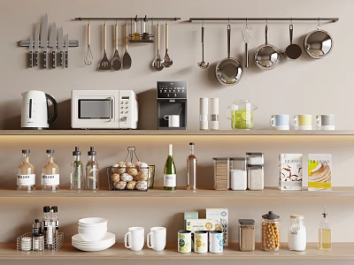 Organized Kitchen Utensils Display With Hanging Tools Appliances Jars Bowls And Cups 3d model