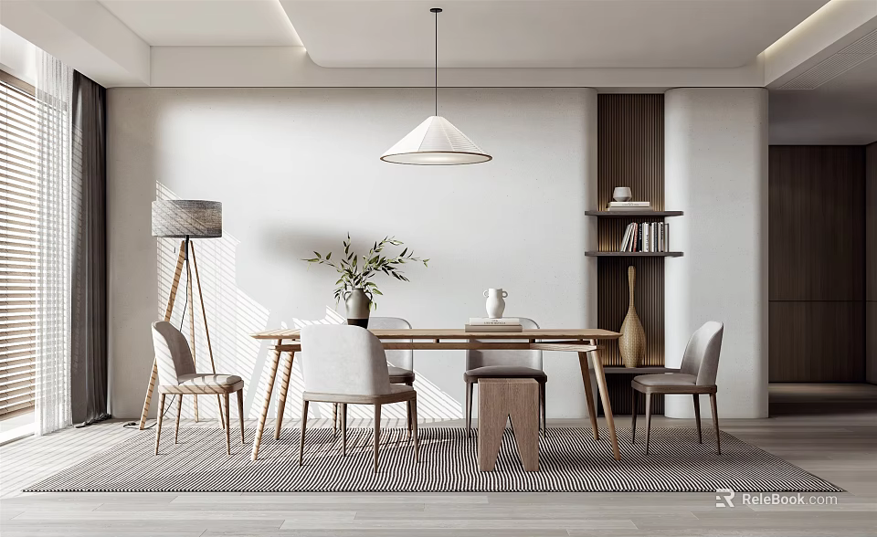 Modern Dining Room Interior With Wooden Table Chairs Pendant Light Floor Lamp Shelf And Plant 3d model 