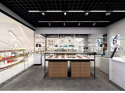 Modern Retail Store Interior With Glass Display Cases And Grid Ceiling Lighting 3d model